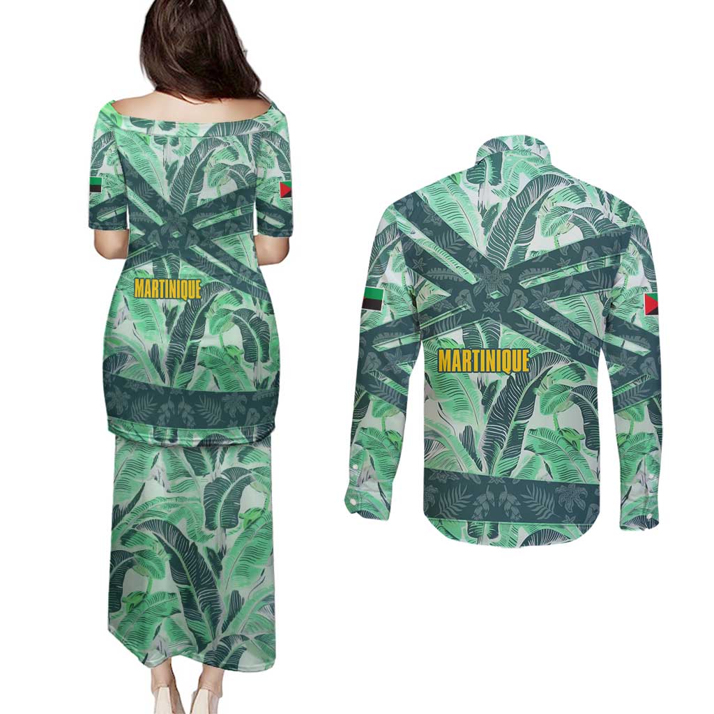 Martinique Pride Couples Matching Puletasi and Long Sleeve Button Shirt with Green Banana Leaf Print and Flag Patch Accents