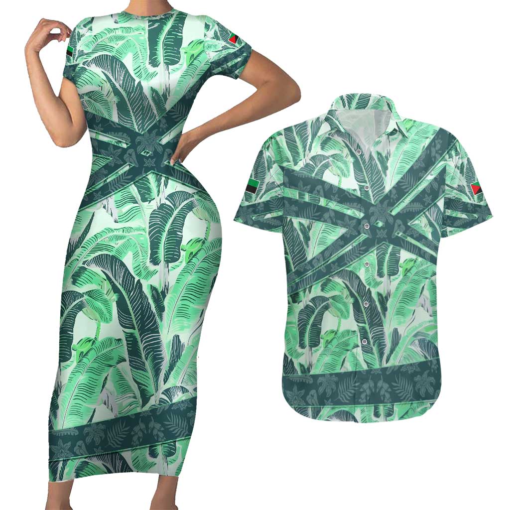 Martinique Pride Couples Matching Short Sleeve Bodycon Dress and Hawaiian Shirt with Green Banana Leaf Print and Flag Patch Accents