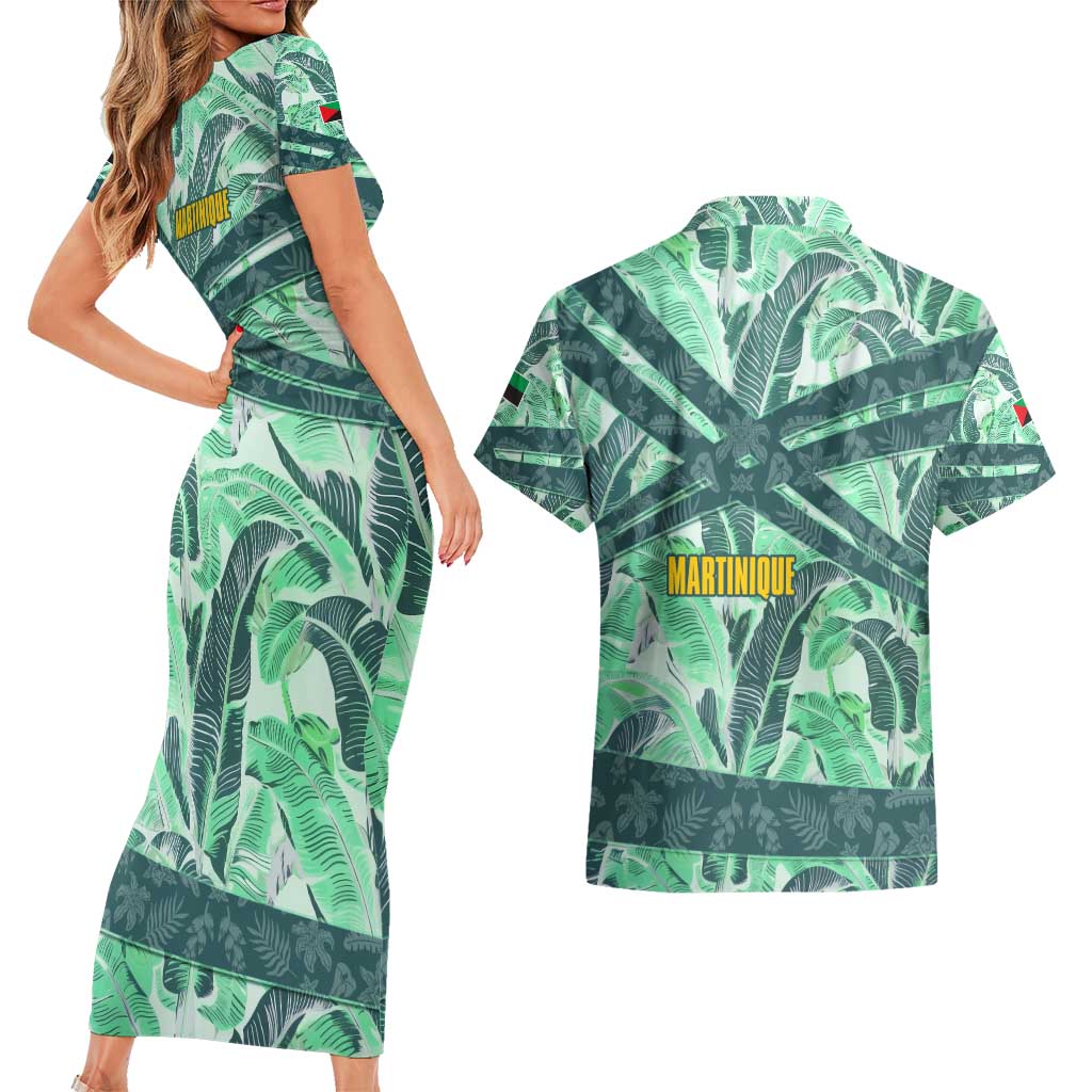 Martinique Pride Couples Matching Short Sleeve Bodycon Dress and Hawaiian Shirt with Green Banana Leaf Print and Flag Patch Accents