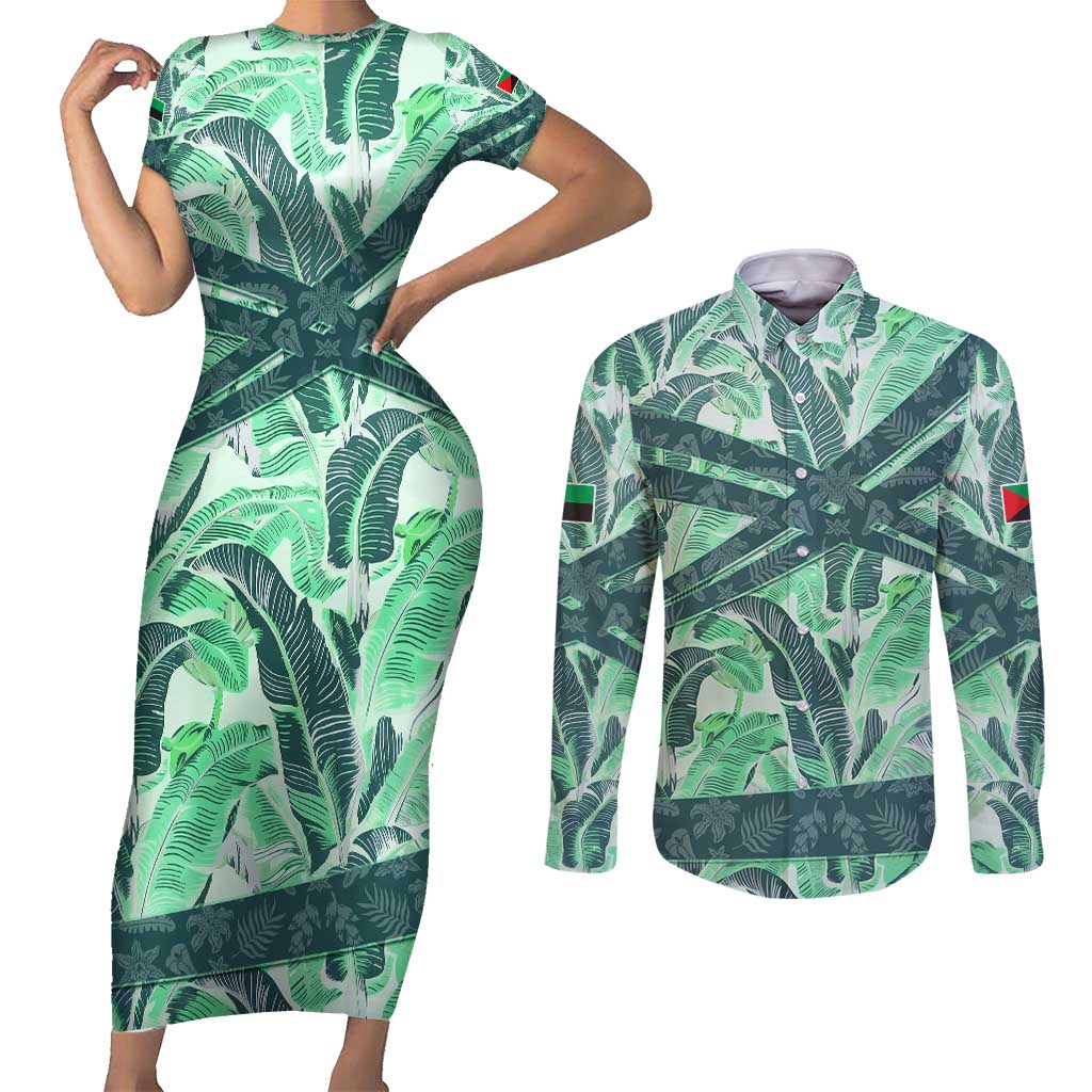 Martinique Pride Couples Matching Short Sleeve Bodycon Dress and Long Sleeve Button Shirt with Green Banana Leaf Print and Flag Patch Accents