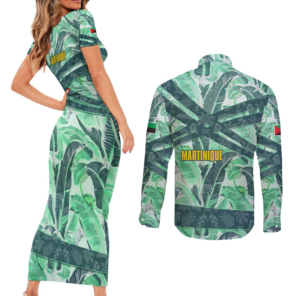 Martinique Pride Couples Matching Short Sleeve Bodycon Dress and Long Sleeve Button Shirt with Green Banana Leaf Print and Flag Patch Accents