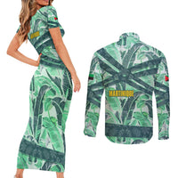 Martinique Pride Couples Matching Short Sleeve Bodycon Dress and Long Sleeve Button Shirt with Green Banana Leaf Print and Flag Patch Accents