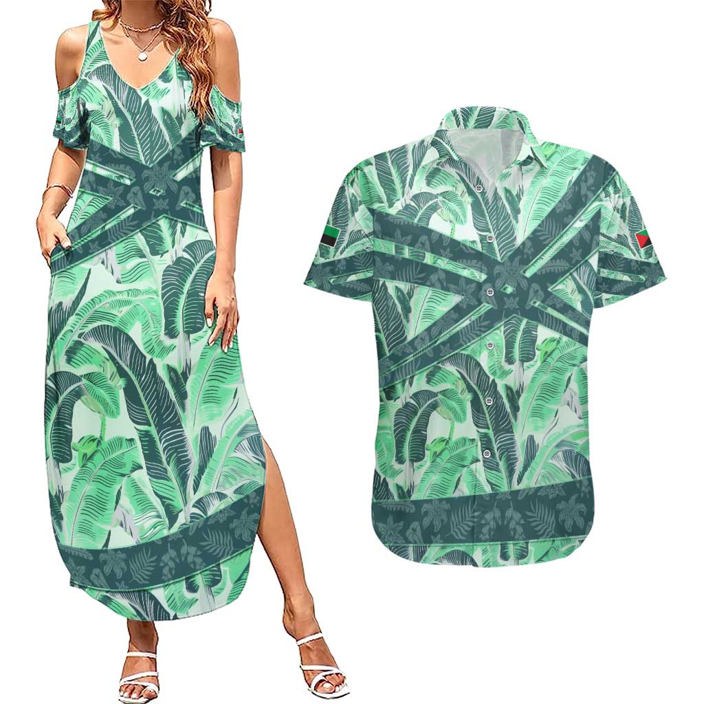 Martinique Pride Couples Matching Summer Maxi Dress and Hawaiian Shirt with Green Banana Leaf Print and Flag Patch Accents