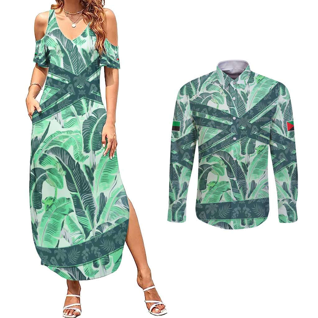 Martinique Pride Couples Matching Summer Maxi Dress and Long Sleeve Button Shirt with Green Banana Leaf Print and Flag Patch Accents