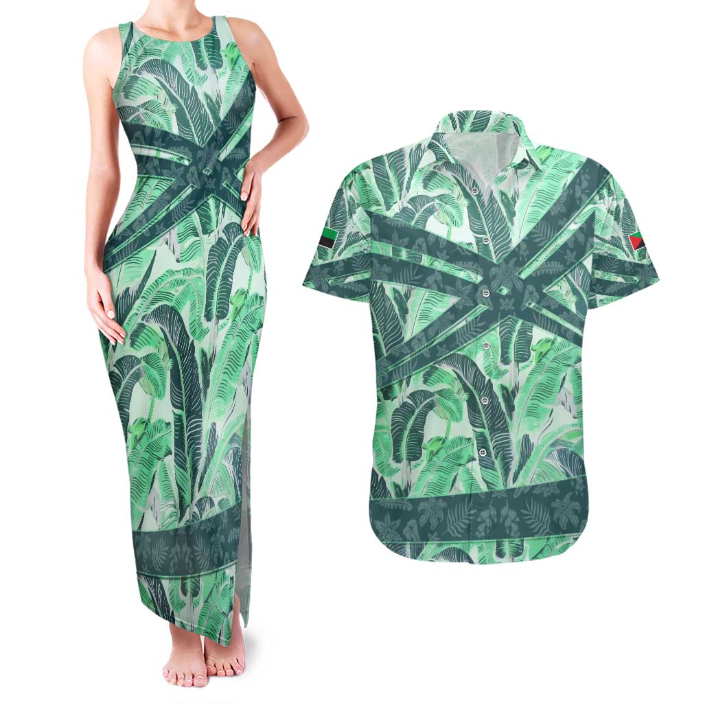 Martinique Pride Couples Matching Tank Maxi Dress and Hawaiian Shirt with Green Banana Leaf Print and Flag Patch Accents
