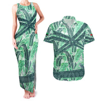Martinique Pride Couples Matching Tank Maxi Dress and Hawaiian Shirt with Green Banana Leaf Print and Flag Patch Accents