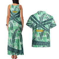 Martinique Pride Couples Matching Tank Maxi Dress and Hawaiian Shirt with Green Banana Leaf Print and Flag Patch Accents