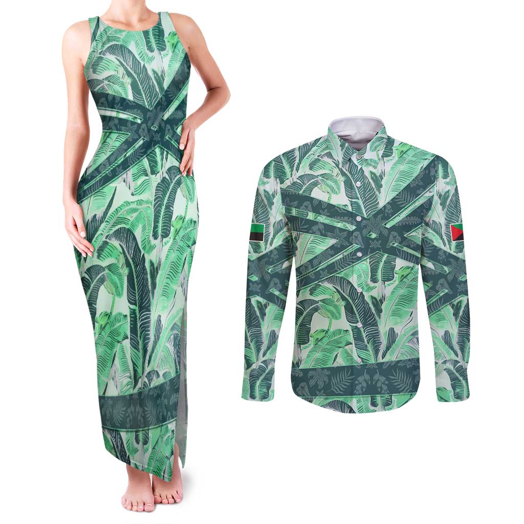 Martinique Pride Couples Matching Tank Maxi Dress and Long Sleeve Button Shirt with Green Banana Leaf Print and Flag Patch Accents