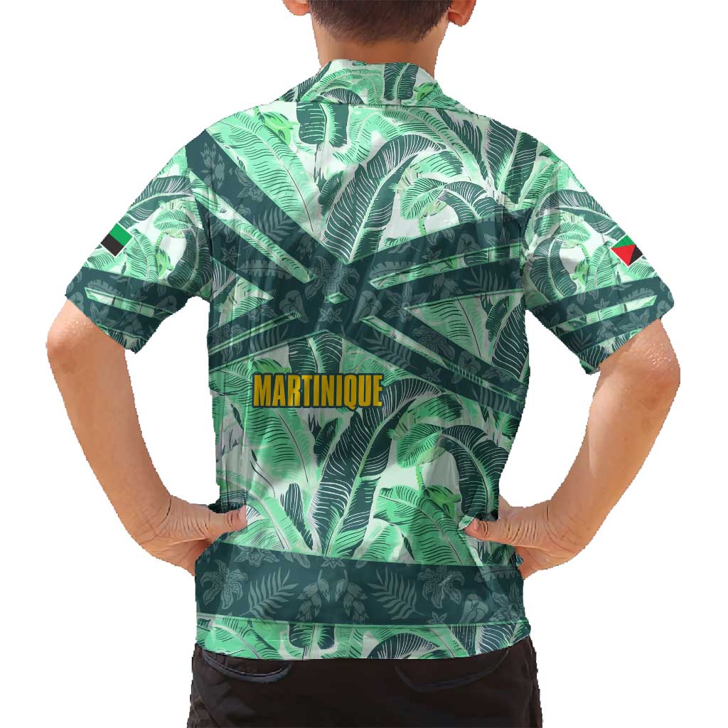 Martinique Pride Family Matching Long Sleeve Bodycon Dress and Hawaiian Shirt with Green Banana Leaf Print and Flag Patch Accents