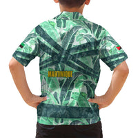 Martinique Pride Family Matching Long Sleeve Bodycon Dress and Hawaiian Shirt with Green Banana Leaf Print and Flag Patch Accents