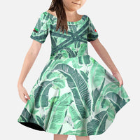 Martinique Pride Family Matching Long Sleeve Bodycon Dress and Hawaiian Shirt with Green Banana Leaf Print and Flag Patch Accents