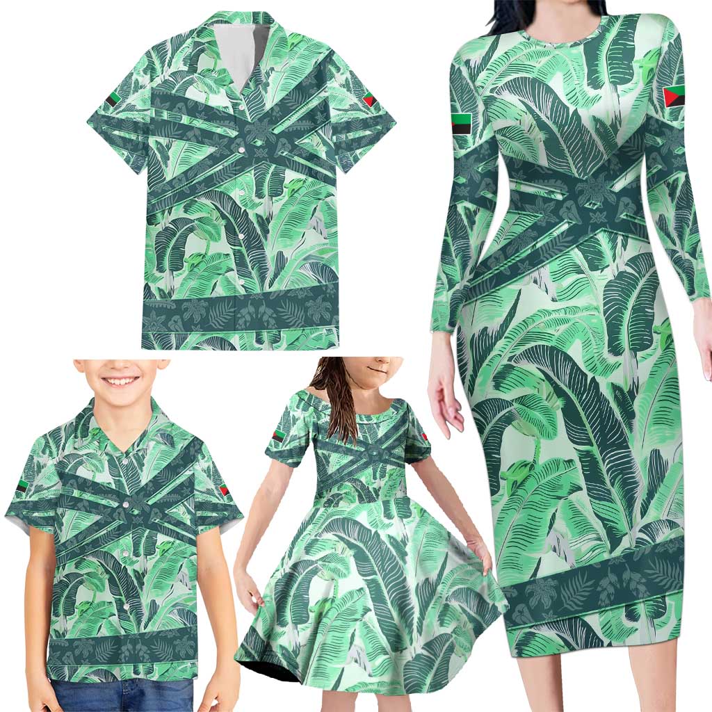Martinique Pride Family Matching Long Sleeve Bodycon Dress and Hawaiian Shirt with Green Banana Leaf Print and Flag Patch Accents