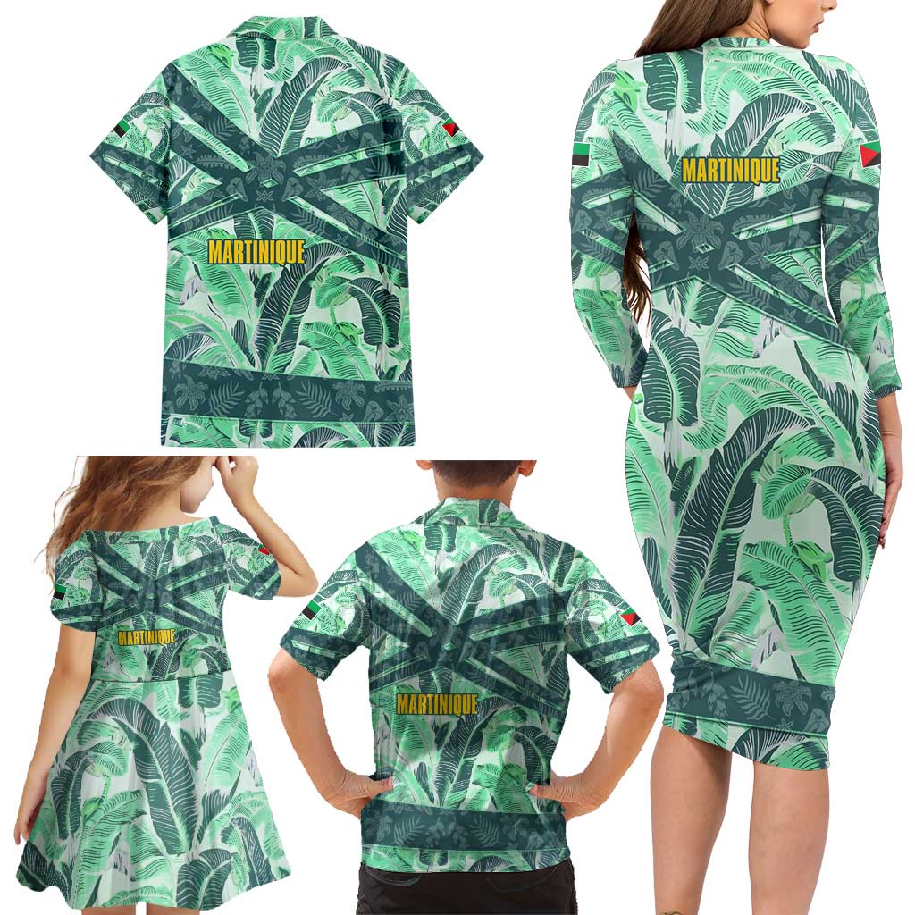 Martinique Pride Family Matching Long Sleeve Bodycon Dress and Hawaiian Shirt with Green Banana Leaf Print and Flag Patch Accents