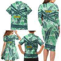 Martinique Pride Family Matching Long Sleeve Bodycon Dress and Hawaiian Shirt with Green Banana Leaf Print and Flag Patch Accents