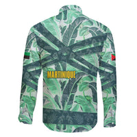 Martinique Pride Family Matching Long Sleeve Bodycon Dress and Hawaiian Shirt with Green Banana Leaf Print and Flag Patch Accents