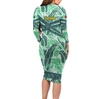 Martinique Pride Family Matching Long Sleeve Bodycon Dress and Hawaiian Shirt with Green Banana Leaf Print and Flag Patch Accents