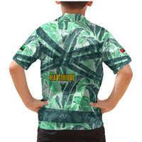 Martinique Pride Family Matching Mermaid Dress and Hawaiian Shirt with Green Banana Leaf Print and Flag Patch Accents