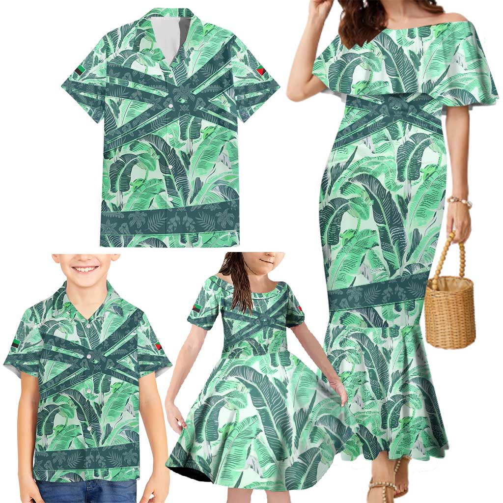 Martinique Pride Family Matching Mermaid Dress and Hawaiian Shirt with Green Banana Leaf Print and Flag Patch Accents