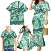 Martinique Pride Family Matching Mermaid Dress and Hawaiian Shirt with Green Banana Leaf Print and Flag Patch Accents