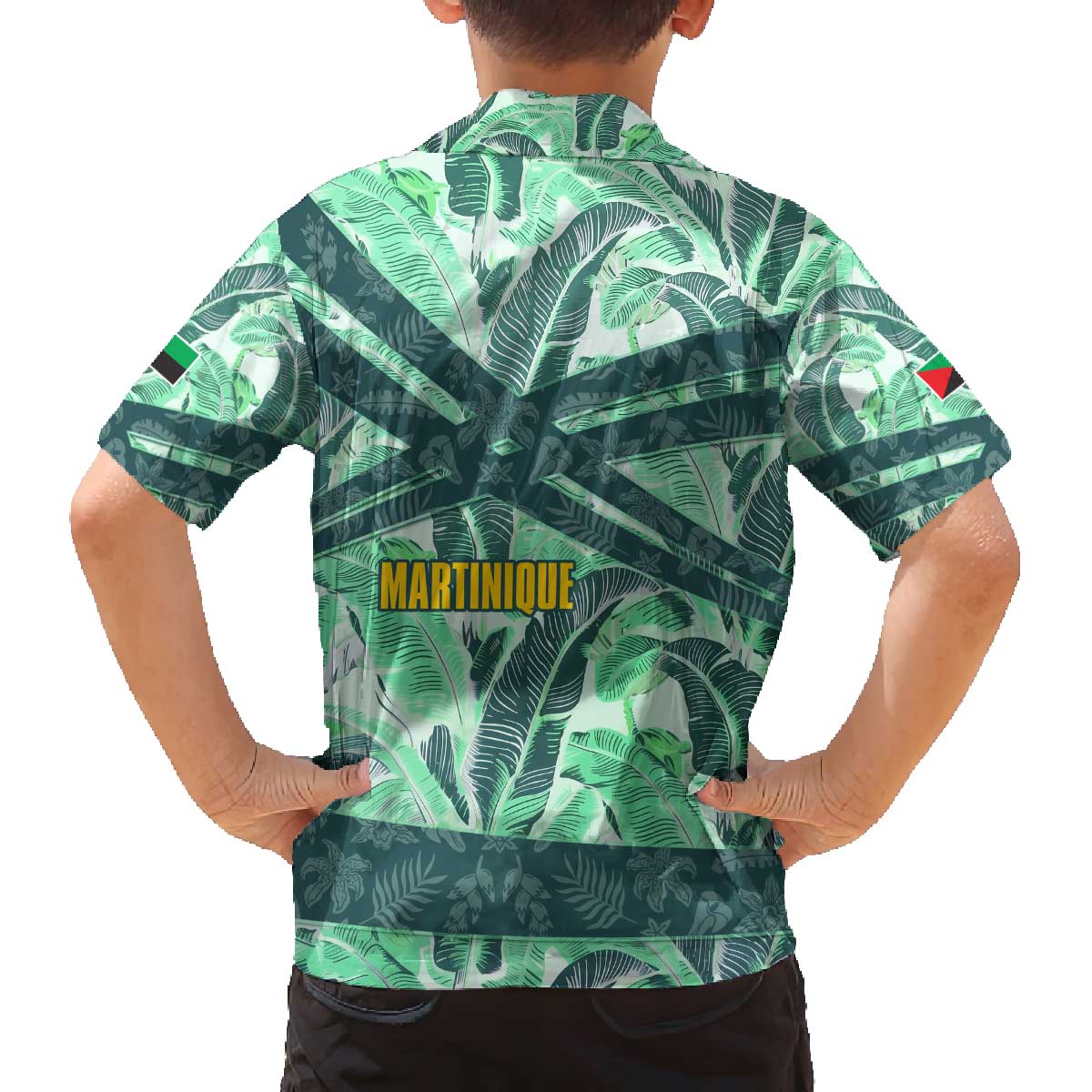 Martinique Pride Family Matching Off The Shoulder Long Sleeve Dress and Hawaiian Shirt with Green Banana Leaf Print and Flag Patch Accents