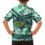 Martinique Pride Family Matching Off The Shoulder Long Sleeve Dress and Hawaiian Shirt with Green Banana Leaf Print and Flag Patch Accents