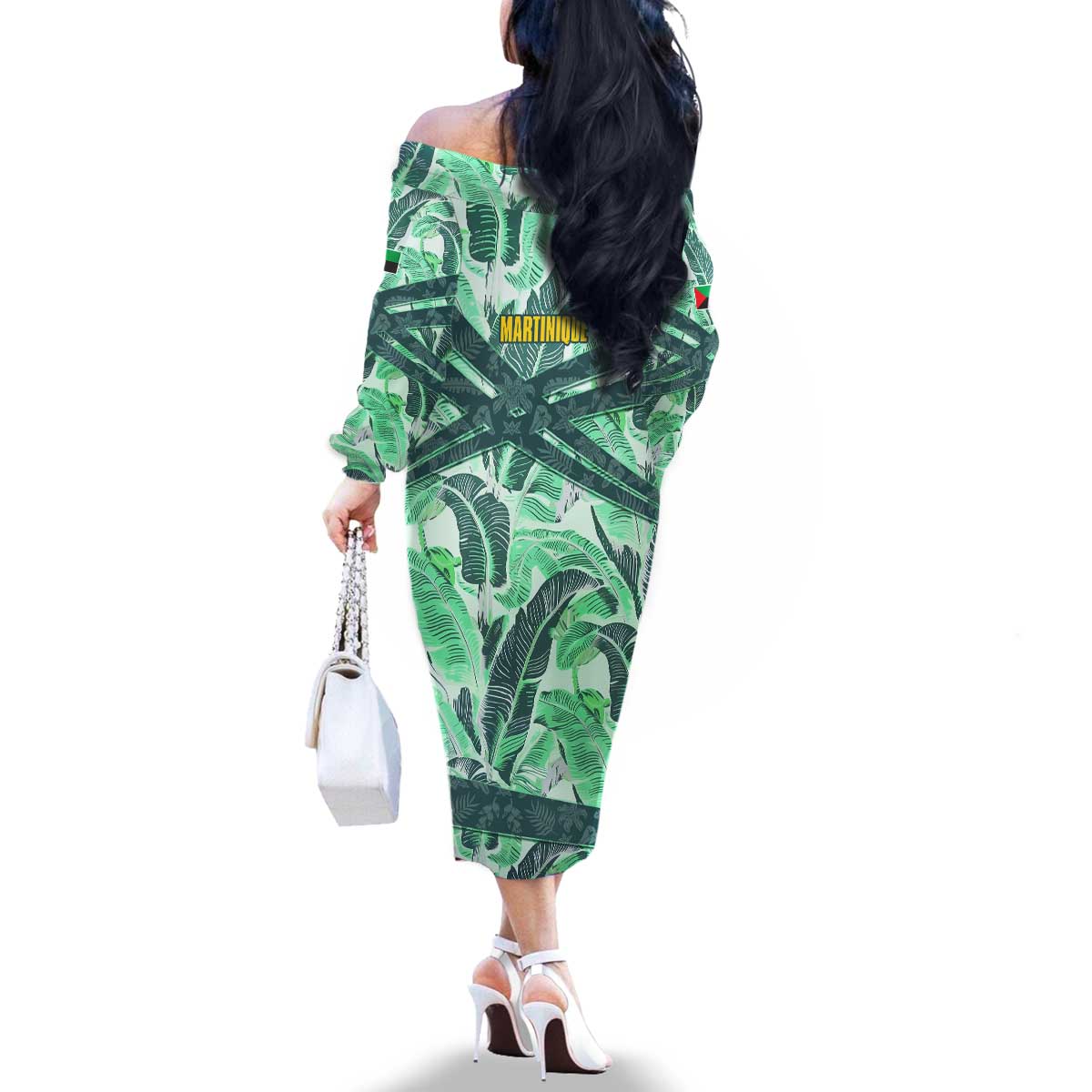 Martinique Pride Family Matching Off The Shoulder Long Sleeve Dress and Hawaiian Shirt with Green Banana Leaf Print and Flag Patch Accents