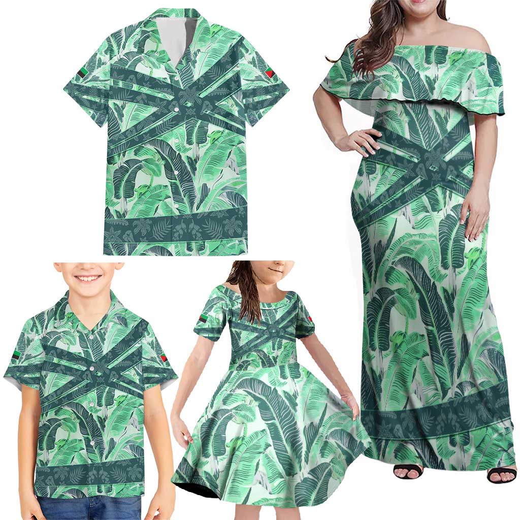 Martinique Pride Family Matching Off Shoulder Maxi Dress and Hawaiian Shirt with Green Banana Leaf Print and Flag Patch Accents
