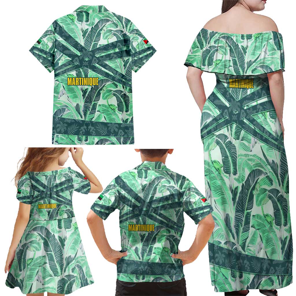 Martinique Pride Family Matching Off Shoulder Maxi Dress and Hawaiian Shirt with Green Banana Leaf Print and Flag Patch Accents