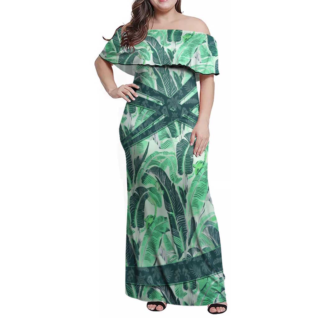Martinique Pride Family Matching Off Shoulder Maxi Dress and Hawaiian Shirt with Green Banana Leaf Print and Flag Patch Accents