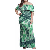 Martinique Pride Family Matching Off Shoulder Maxi Dress and Hawaiian Shirt with Green Banana Leaf Print and Flag Patch Accents