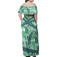 Martinique Pride Family Matching Off Shoulder Maxi Dress and Hawaiian Shirt with Green Banana Leaf Print and Flag Patch Accents