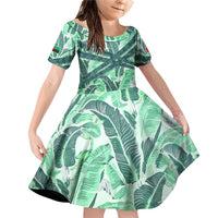 Martinique Pride Family Matching Off Shoulder Short Dress and Hawaiian Shirt with Green Banana Leaf Print and Flag Patch Accents