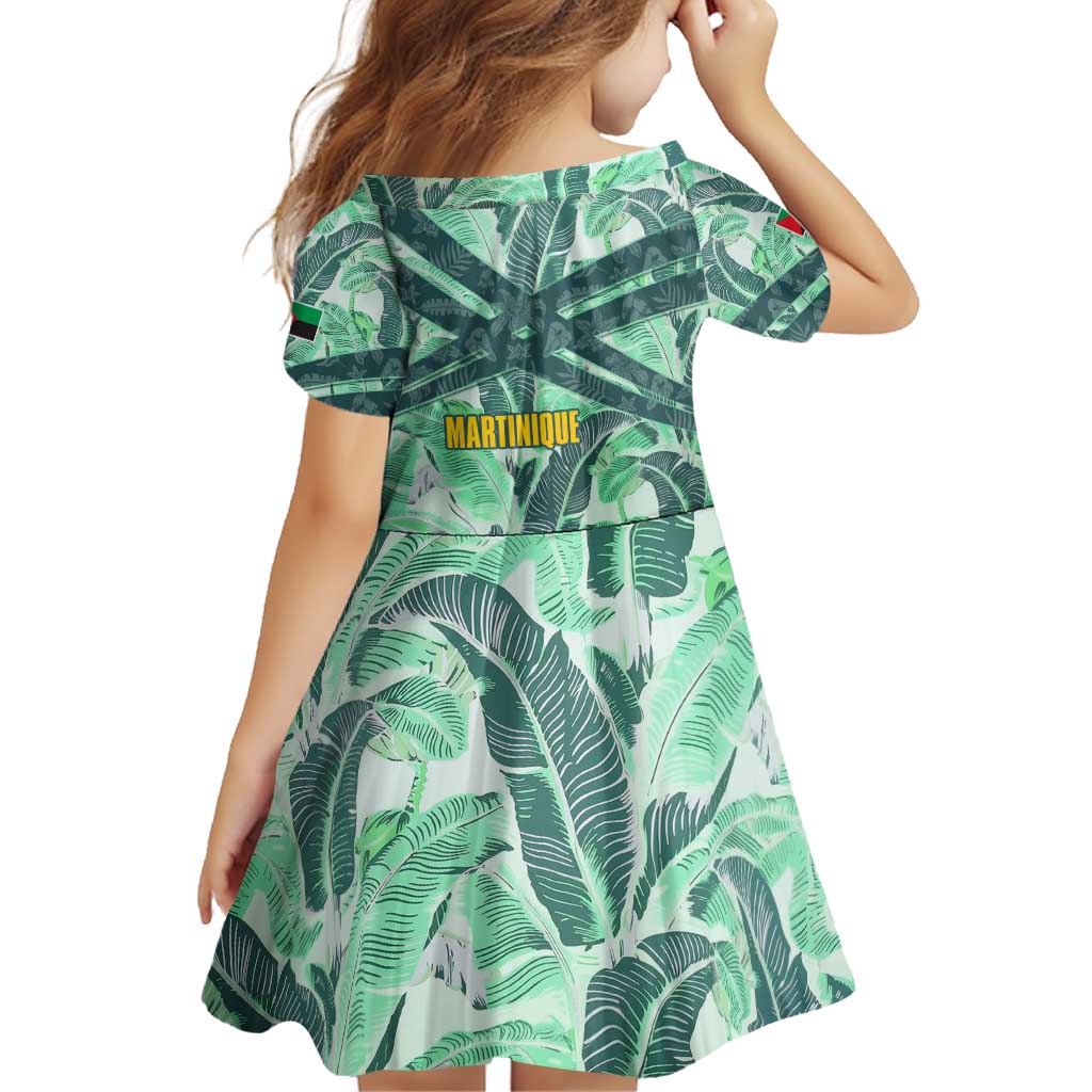 Martinique Pride Family Matching Off Shoulder Short Dress and Hawaiian Shirt with Green Banana Leaf Print and Flag Patch Accents