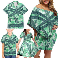 Martinique Pride Family Matching Off Shoulder Short Dress and Hawaiian Shirt with Green Banana Leaf Print and Flag Patch Accents