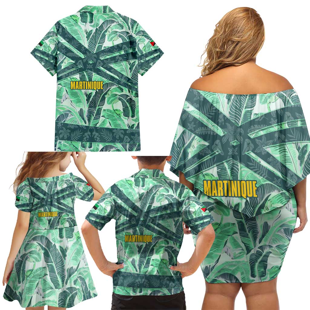 Martinique Pride Family Matching Off Shoulder Short Dress and Hawaiian Shirt with Green Banana Leaf Print and Flag Patch Accents