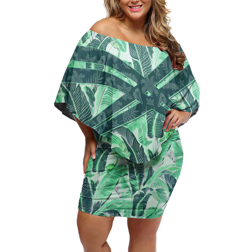 Martinique Pride Family Matching Off Shoulder Short Dress and Hawaiian Shirt with Green Banana Leaf Print and Flag Patch Accents