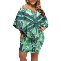 Martinique Pride Family Matching Off Shoulder Short Dress and Hawaiian Shirt with Green Banana Leaf Print and Flag Patch Accents
