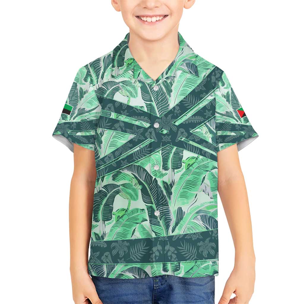 Martinique Pride Family Matching Off Shoulder Short Dress and Hawaiian Shirt with Green Banana Leaf Print and Flag Patch Accents