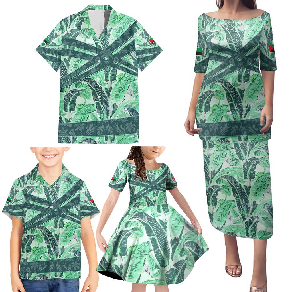 Martinique Pride Family Matching Puletasi and Hawaiian Shirt with Green Banana Leaf Print and Flag Patch Accents