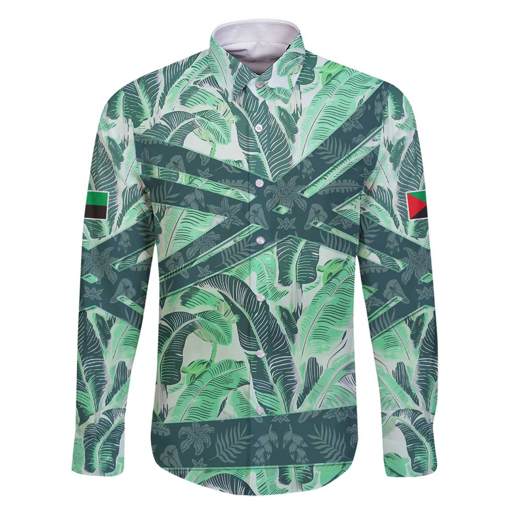 Martinique Pride Family Matching Puletasi and Hawaiian Shirt with Green Banana Leaf Print and Flag Patch Accents