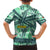 Martinique Pride Family Matching Short Sleeve Bodycon Dress and Hawaiian Shirt with Green Banana Leaf Print and Flag Patch Accents