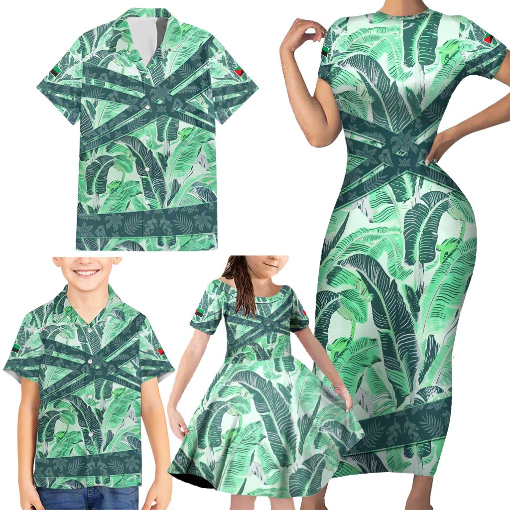 Martinique Pride Family Matching Short Sleeve Bodycon Dress and Hawaiian Shirt with Green Banana Leaf Print and Flag Patch Accents