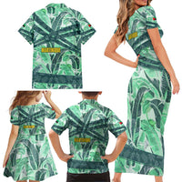 Martinique Pride Family Matching Short Sleeve Bodycon Dress and Hawaiian Shirt with Green Banana Leaf Print and Flag Patch Accents