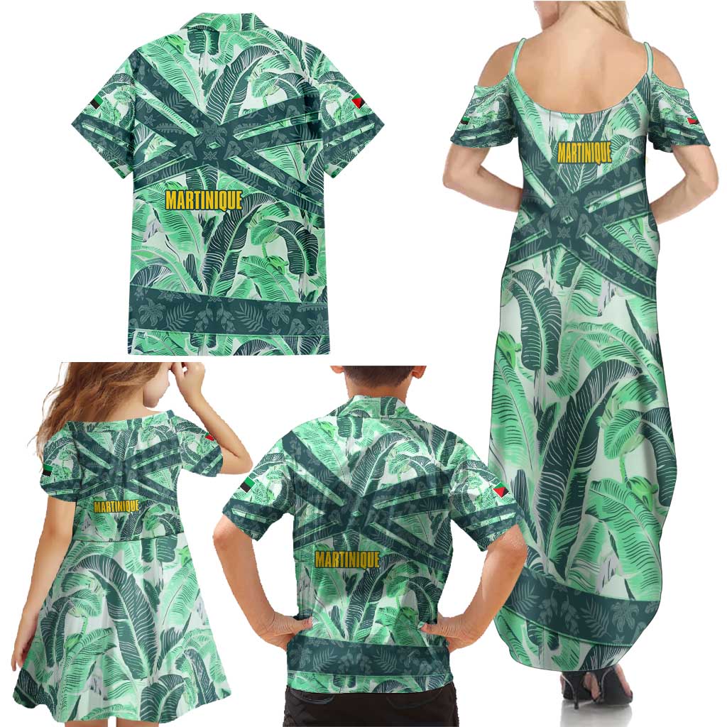 Martinique Pride Family Matching Summer Maxi Dress and Hawaiian Shirt with Green Banana Leaf Print and Flag Patch Accents