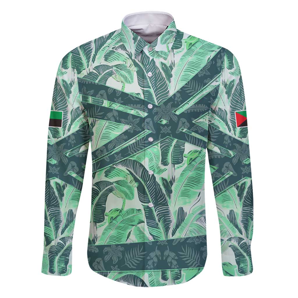 Martinique Pride Family Matching Summer Maxi Dress and Hawaiian Shirt with Green Banana Leaf Print and Flag Patch Accents