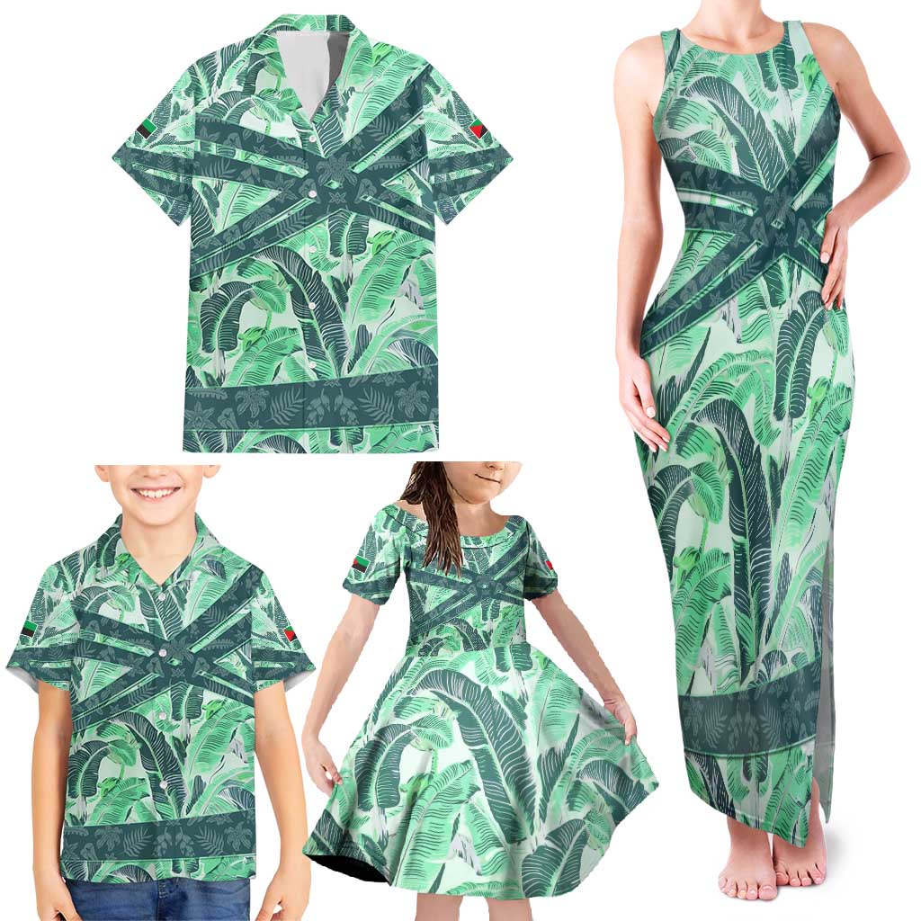 Martinique Pride Family Matching Tank Maxi Dress and Hawaiian Shirt with Green Banana Leaf Print and Flag Patch Accents