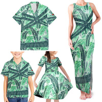 Martinique Pride Family Matching Tank Maxi Dress and Hawaiian Shirt with Green Banana Leaf Print and Flag Patch Accents