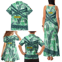 Martinique Pride Family Matching Tank Maxi Dress and Hawaiian Shirt with Green Banana Leaf Print and Flag Patch Accents