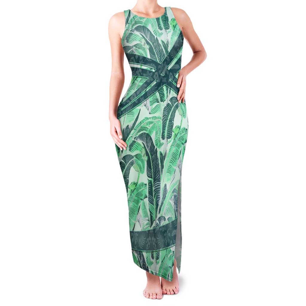 Martinique Pride Family Matching Tank Maxi Dress and Hawaiian Shirt with Green Banana Leaf Print and Flag Patch Accents