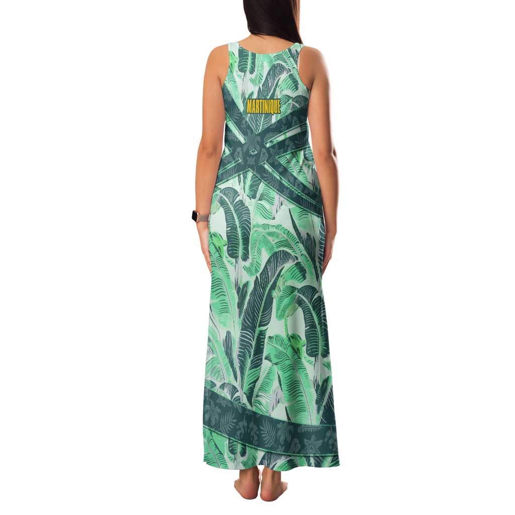 Martinique Pride Family Matching Tank Maxi Dress and Hawaiian Shirt with Green Banana Leaf Print and Flag Patch Accents